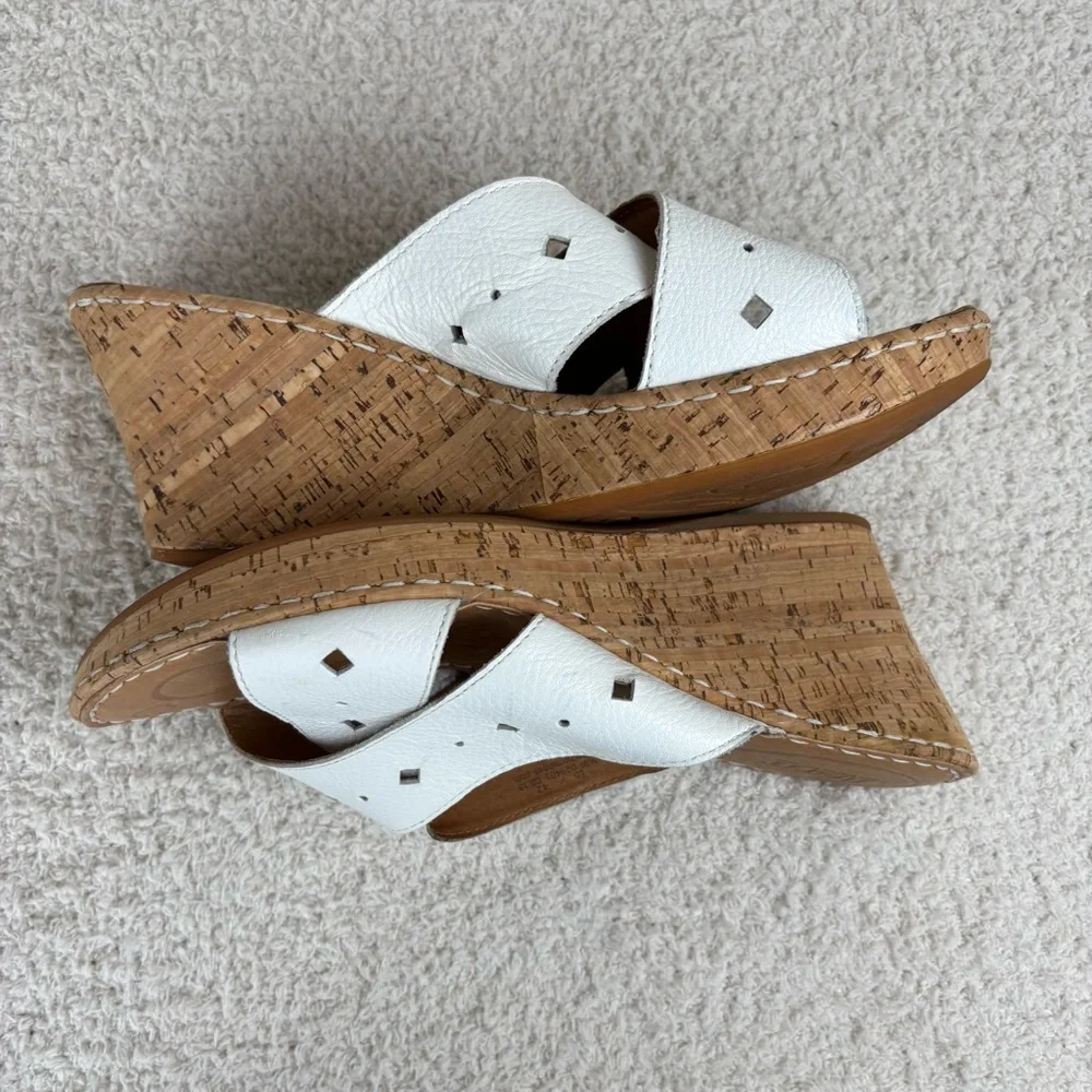Born Sandals Womens 10 White Cork Canova Wedge Slip On‎ Peep Toe Leather Comfort